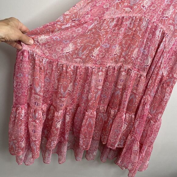 MISA Natasha Dress Womens Large Pink Floral Cut Out Midi Ruffle V-Neck Sheer - Picture 8 of 16